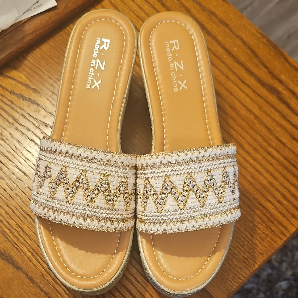 Women's White and Gold Slide Sandals